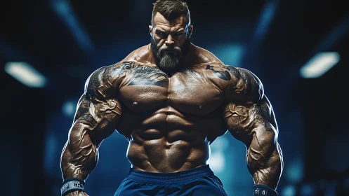Powerful tattooed bodybuilder stands strong in glowing gym.
