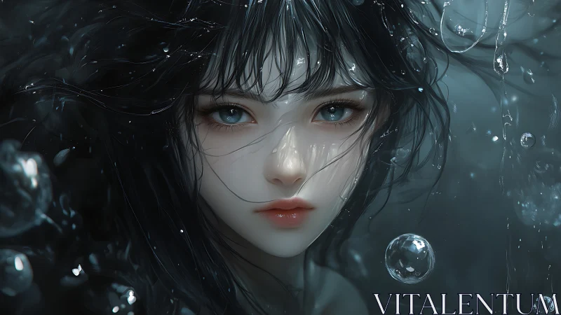 Ethereal underwater girl portrait with luminous teal eyes