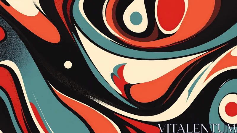 Abstract retro waves in bold teal, red, and cream motion.