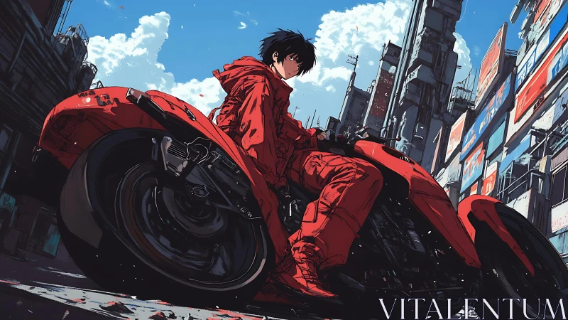 Neon rider controls red cyber bike through towering city.