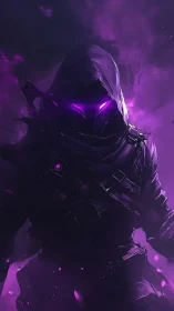 Mystic hooded guardian glowing with vibrant violet power.