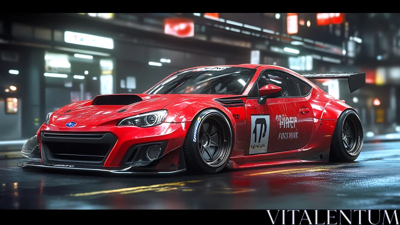 Red widebody race coupe under neon city night rain.