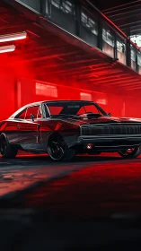 Black muscle car in red lit industrial garage scene.