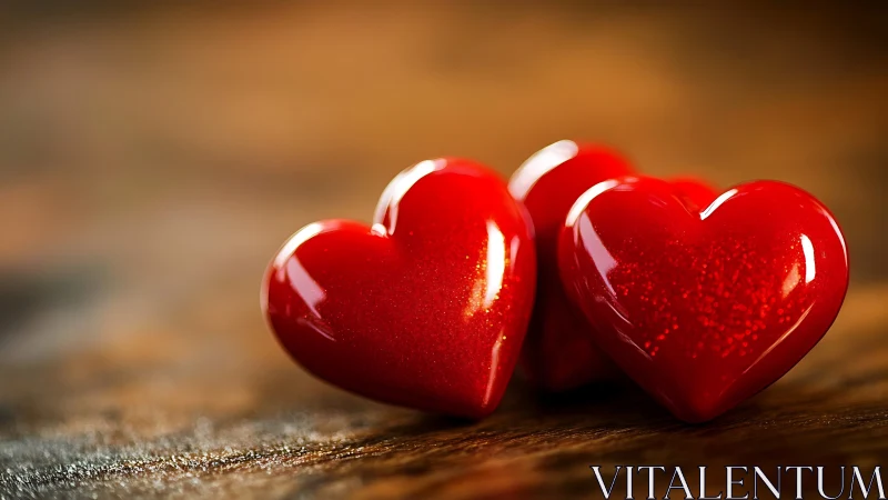 Two red glossy hearts positioned on textured wooden surface