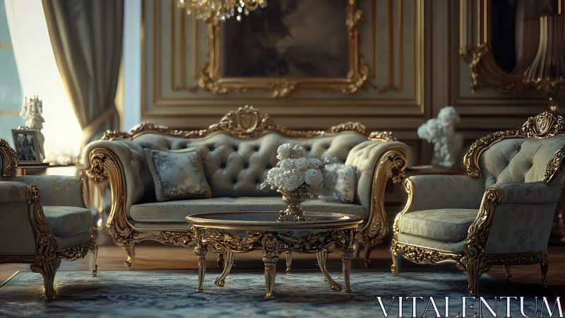 Regal sitting room glows with ornate gold and soft elegance