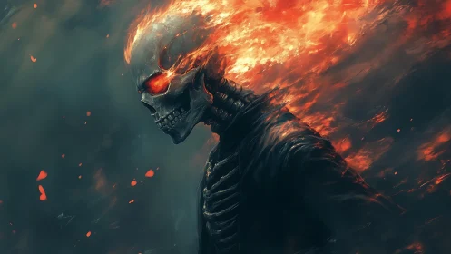 Flaming skeletal figure rendered in detailed digital illustration