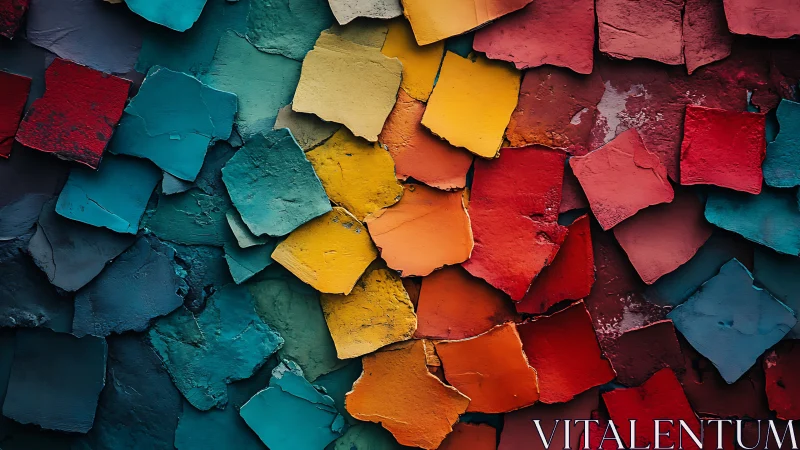 Shattered rainbow tiles collide in a textured color storm.