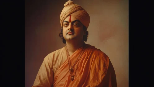 Soft-gazed sage in ember robes holds quiet morning light.