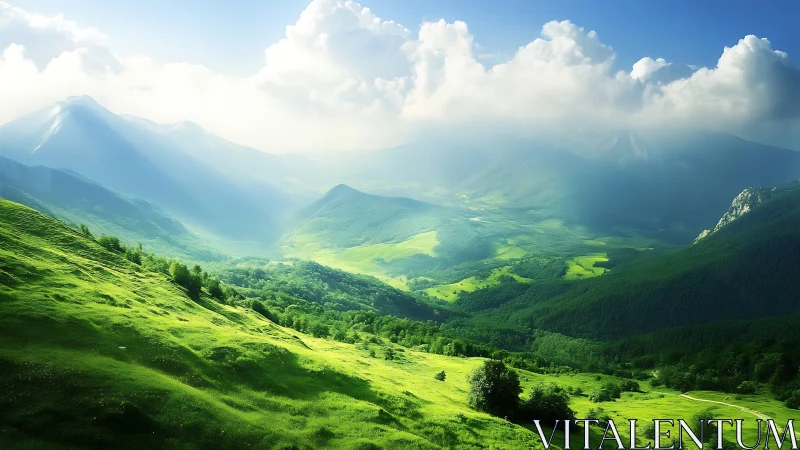 Sunlit valleys drift like emerald waves beneath soft clouds