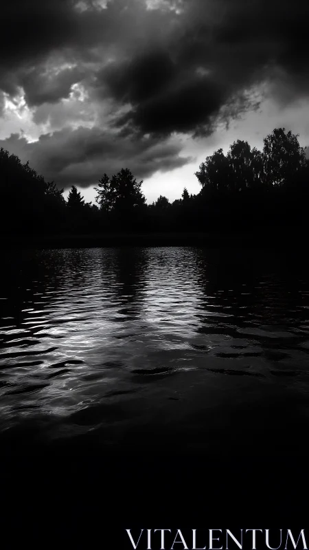 Dark storm clouds over still lake water at twilight.