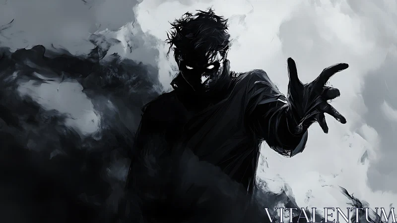 Shadowed figure reaching through swirling stormy mist.