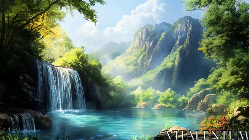 Sunlit waterfall oasis welcomes quiet moments of gentle peace