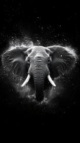 Monochrome elephant portrait emerges through cosmic dust field