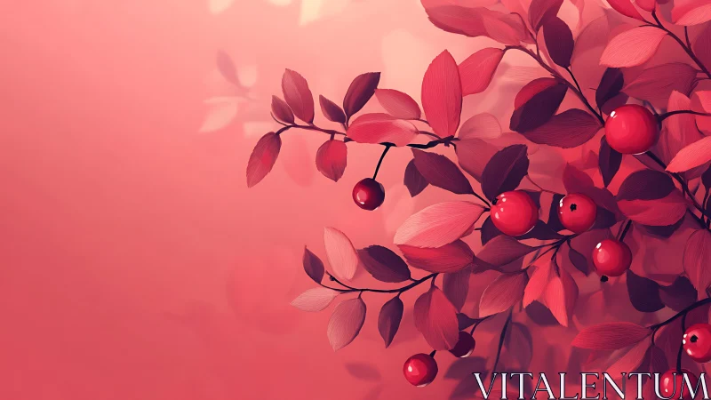 Crimson berries drift like quiet comets through blushing fog