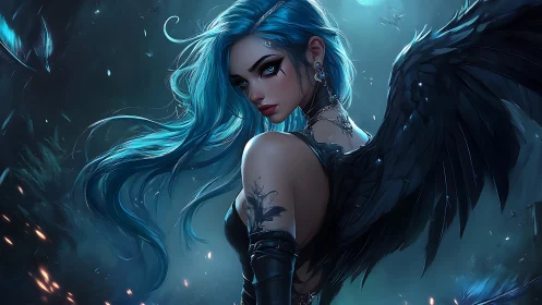 Digital painting of nocturnal winged woman in cyan lighting.