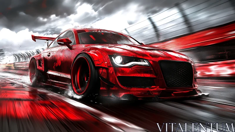 Red race car storms wet track in dramatic speed scene.