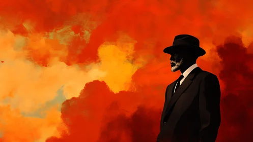 Boldly dressed gentleman stands against a blazing red sky
