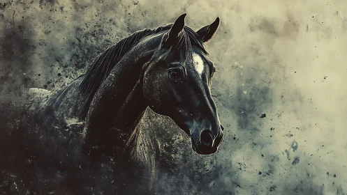 Dark stallion portrait emerging through textured dust field.