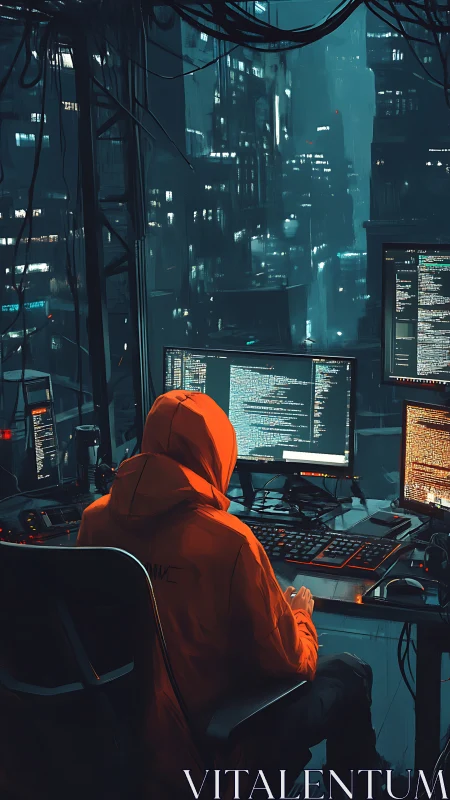 Hooded hacker codes in neon-lit cyberpunk city at night.