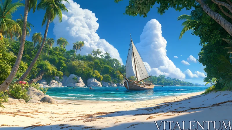 Tropical Coastal Scene with Anchored Sailboat amid Palm Grove.