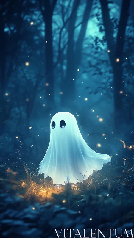 Moonlit baby ghost drifts softly above a firefly meadow