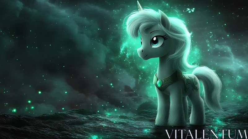Luminescent unicorn pony in emerald cosmic fantasy tableau.