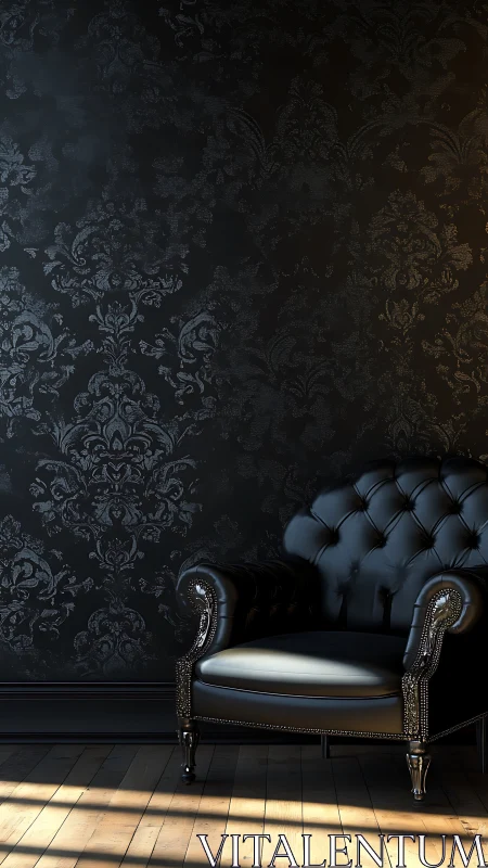 Velvet shadows over black leather armchair in baroque room.