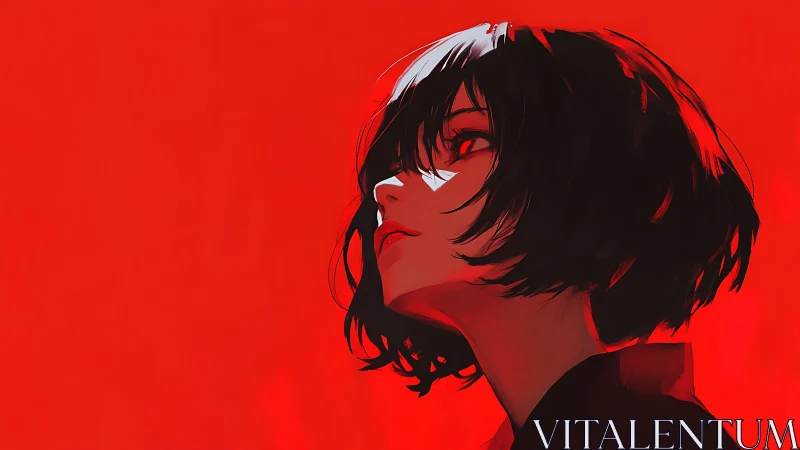 Red backdrop portrait of dark haired anime woman.