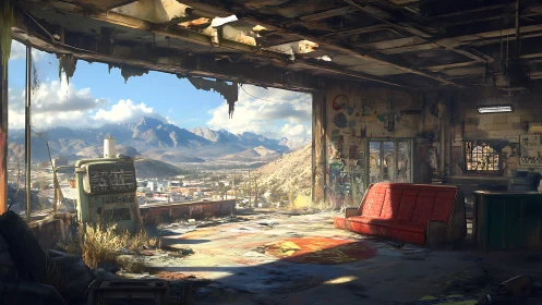 Desert garage interior overlooks sunlit mountain cityscape