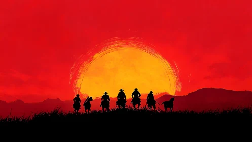 Riders cross a blazing sunset, heading into quiet legend.