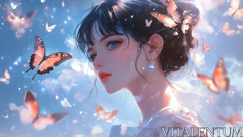 Dreamy anime girl with glowing butterflies in soft sky scene.