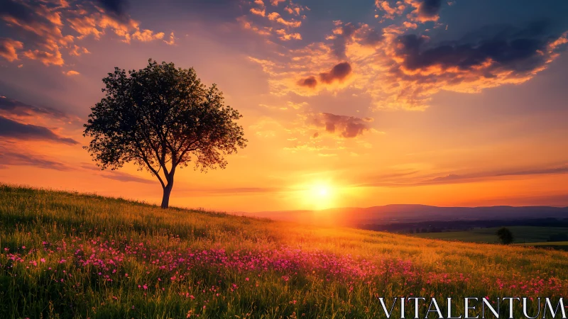 Solitary tree above wildflower field under blazing sunset.