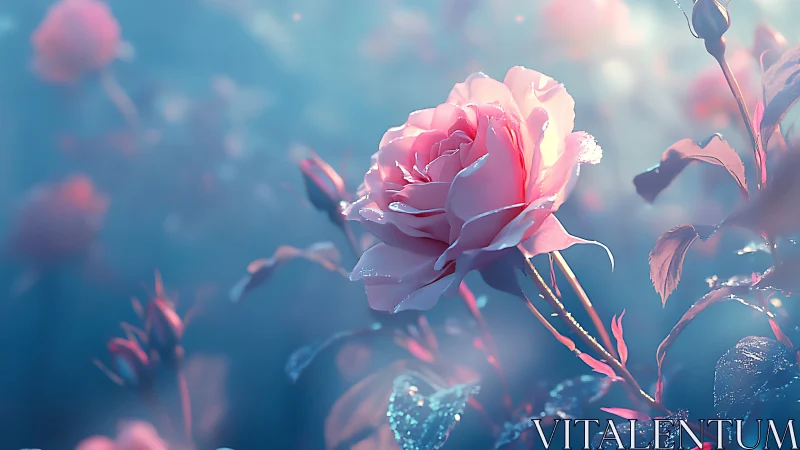 Diffuse-focus botanical study displaying pink rose bloom with depth-of-field rendering against turqu