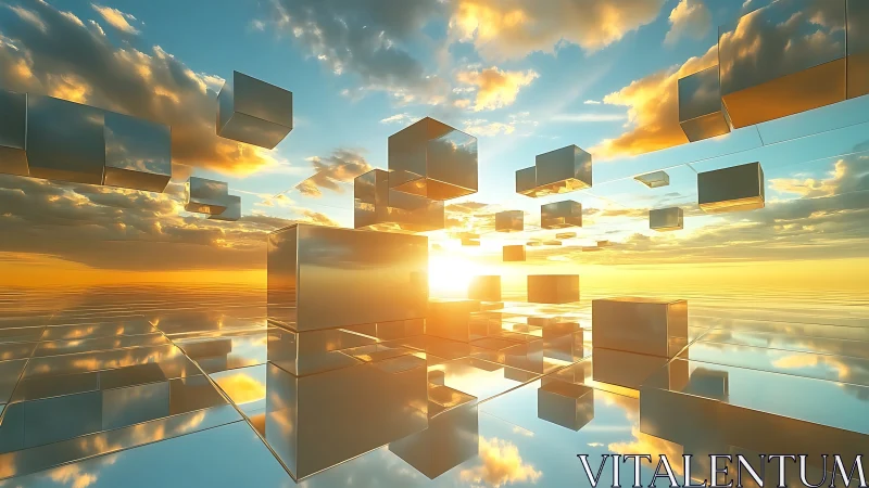 Reflective cubic horizon in luminous 3D geometric space.