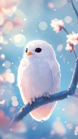 White owl on branch amid soft bokeh blossoms at dusk.