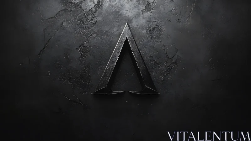 Metallic triangular emblem on textured dark surface.