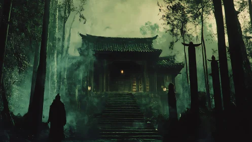Misty forest temple with lone figure on stone stairway.