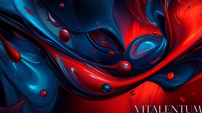 Luminous red and blue waves swirling in liquid motion.