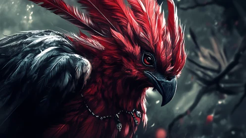 Majestic Red and Black Fantasy Bird Portrait in Dark Forest Setting.