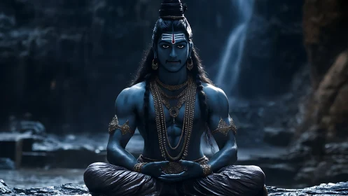 Serene blue yogi in quiet cave sanctuary at twilight.