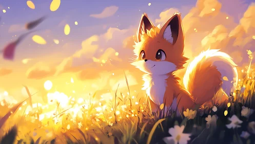 Sunlit foxling resting in a dreamy golden meadow at dusk.