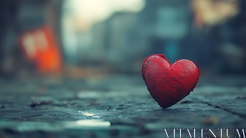 Deep-Red Sculptural Heart Form on Wet Asphalt Surface with Urban Bokeh