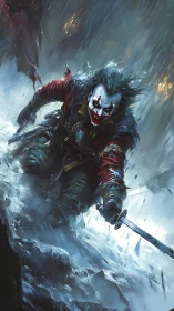 Fierce clown warrior races through storm with wild resolve.