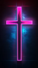 Radiant neon cross glows softly against a deep blue night