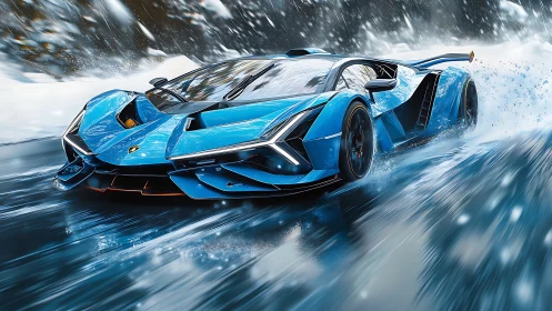Blue hypercar on icy mountain road in dynamic motion scene.