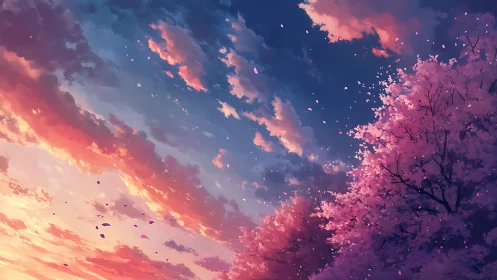 Blossom storm beneath radiant pastel sunset skyscape.