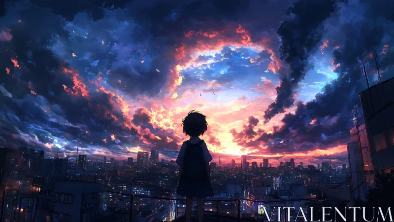 Solitary student watches neon city glow beneath stormy sunset