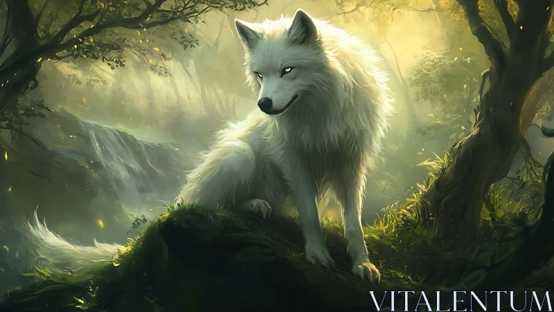 Luminous white wolf sentinel in misty enchanted forest.