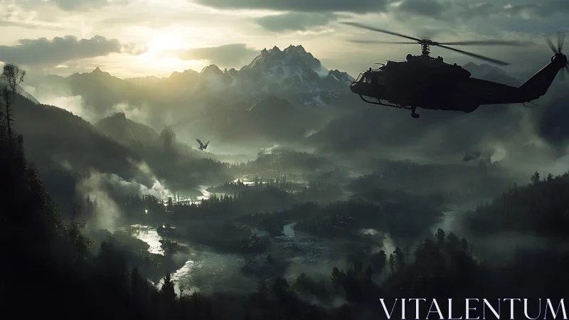 Military helicopter over misty alpine river valley at sunrise