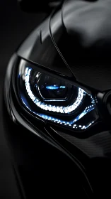 Close view isolates modern car headlight with LED elements
